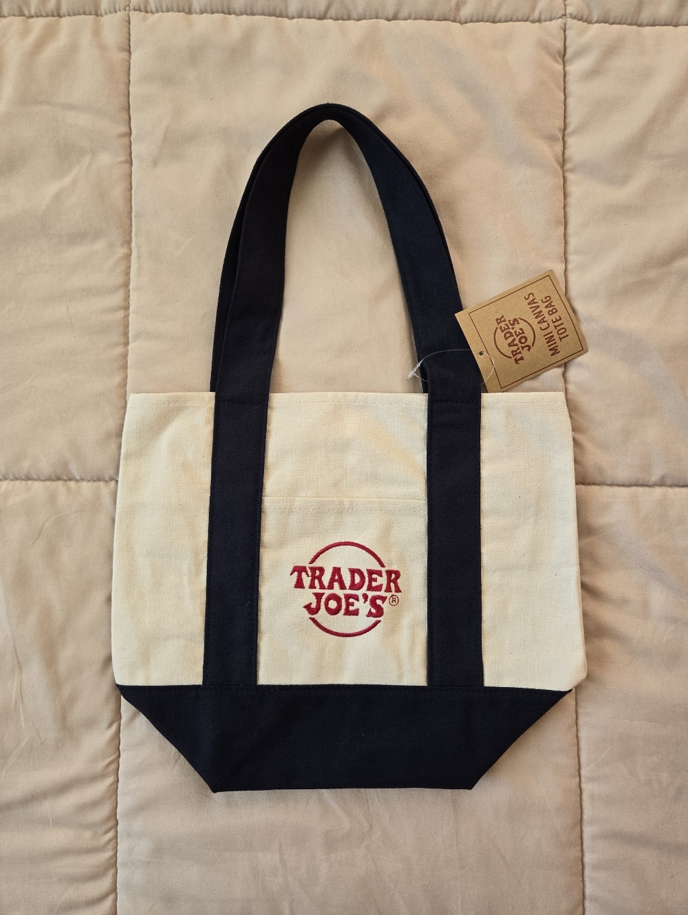 NWT Trader Joe's Mini Canvas Tote Bag, Natural Color, Navy Straps and Red Logo - Picture 2 of 6